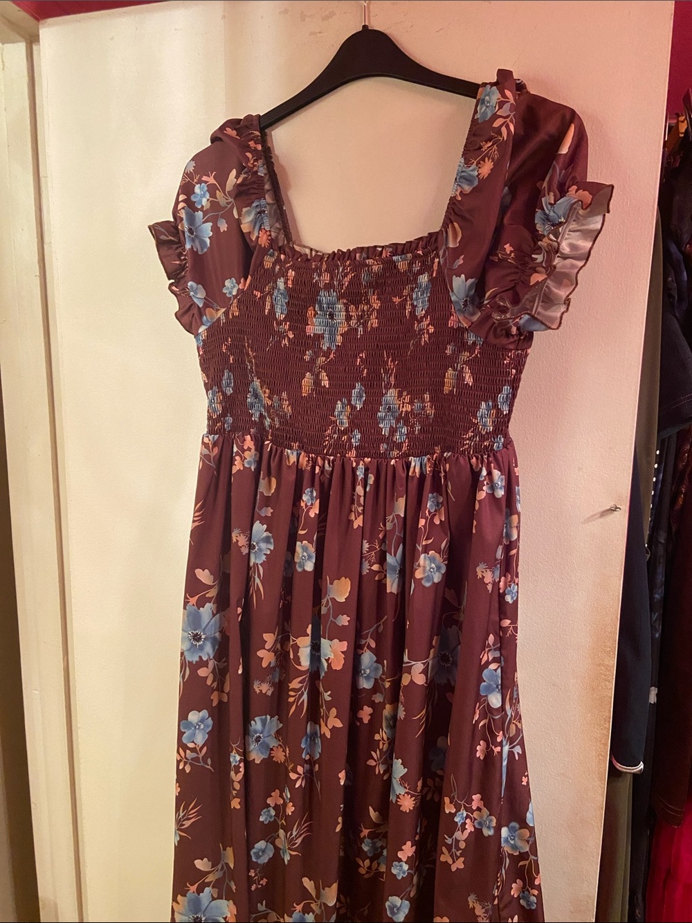 SHEIN Burgundy Floral Maxi Dress with Blue Accents